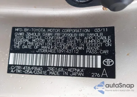 2011 Toyota Corolla Le z USA, uszkodzony, nr VIN JTDBU4EE1B9143112